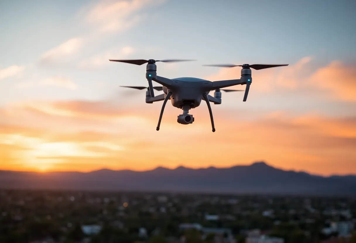 A drone flying over an urban-wildland area in Albuquerque during a sunset.