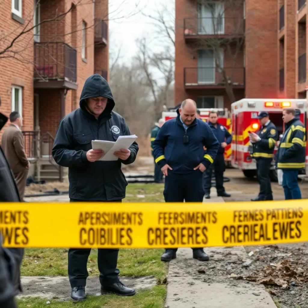 Investigators examining the scene of an apartment fire in Albuquerque