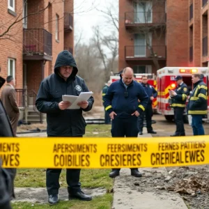 Investigators examining the scene of an apartment fire in Albuquerque