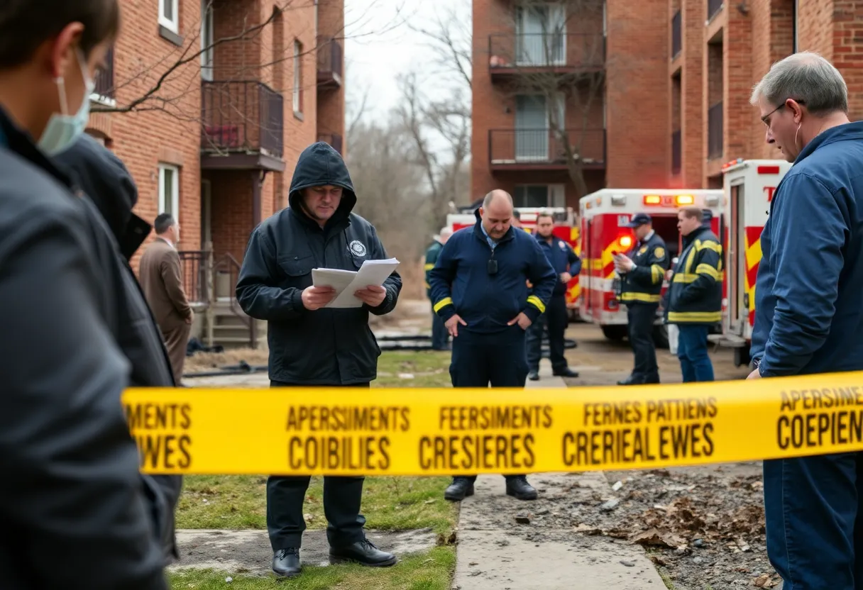 Investigators examining the scene of an apartment fire in Albuquerque