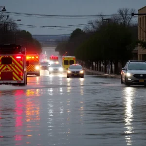 Flooded street in Albuquerque with emergency vehicles responding