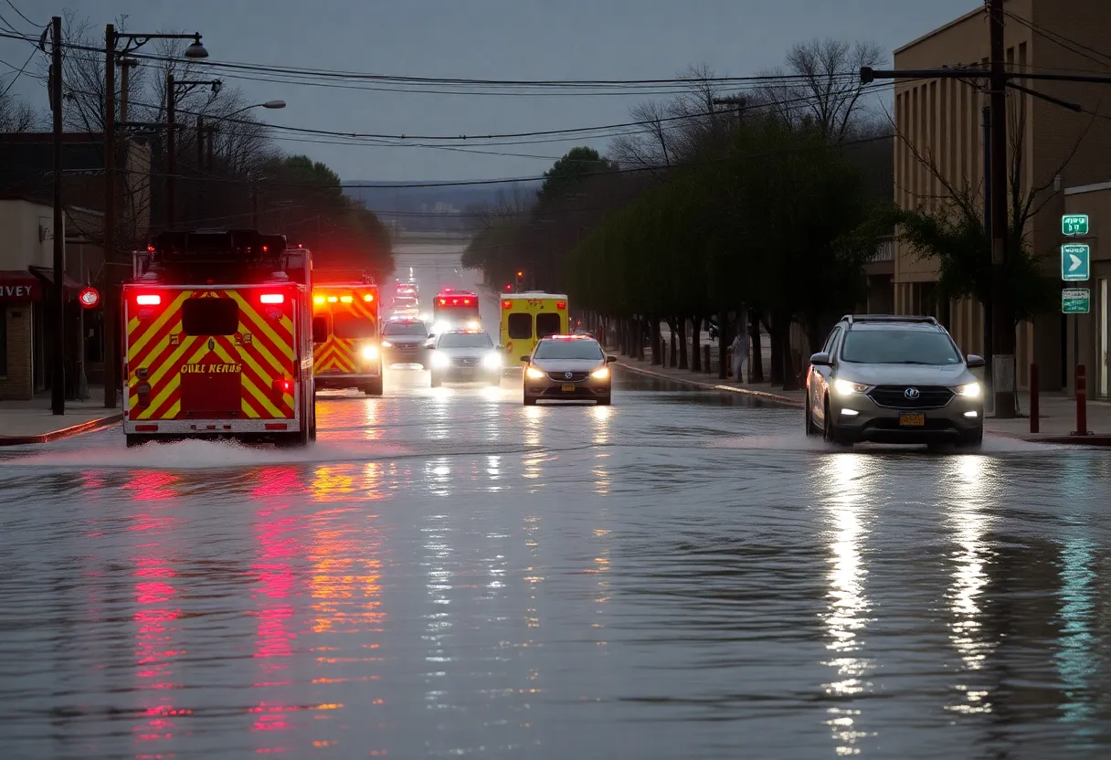 Flooded street in Albuquerque with emergency vehicles responding