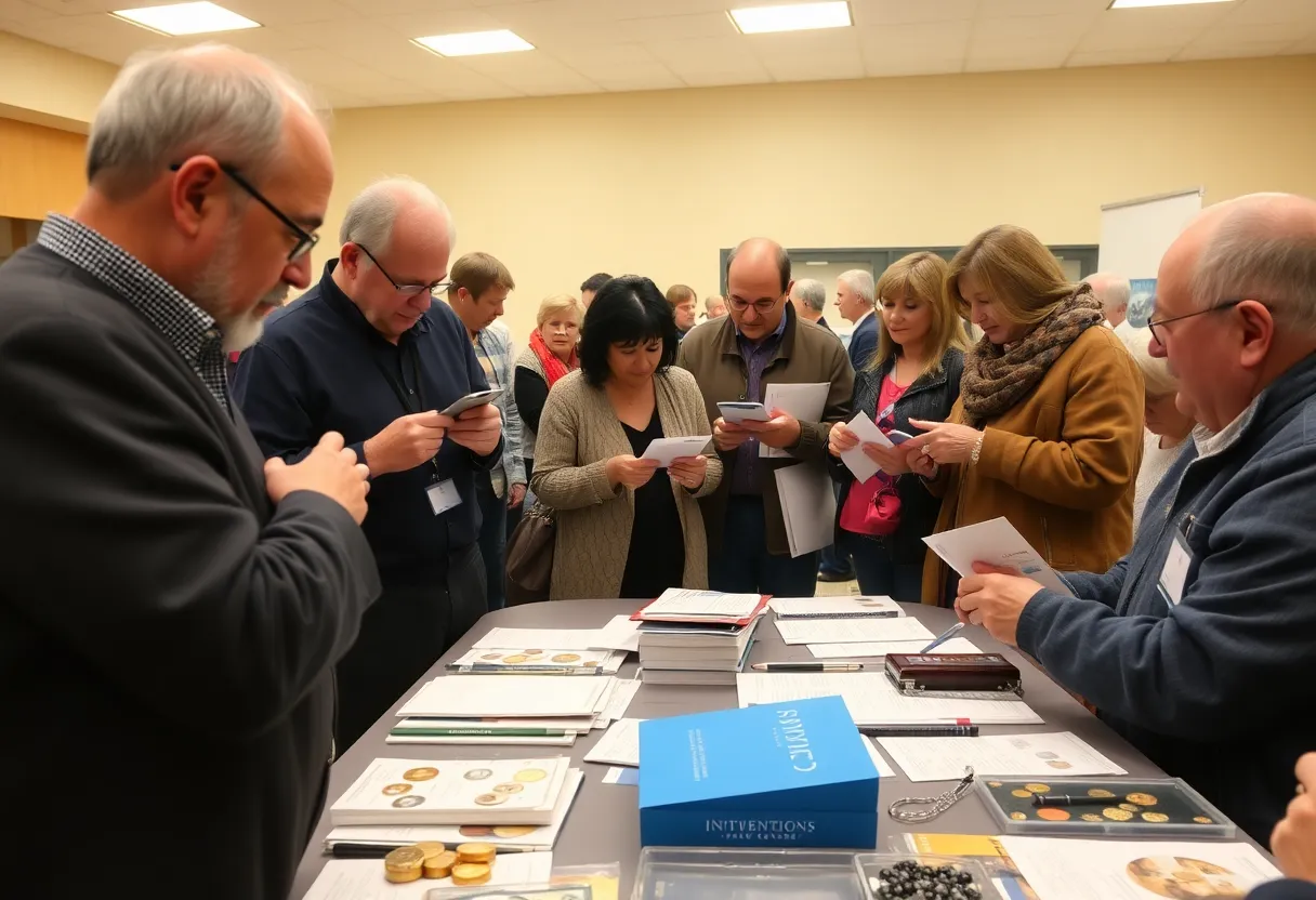 Participants examining gold coins at a seminar