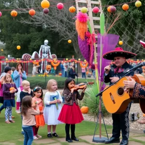 Families celebrating Halloween and Día de los Muertos in Albuquerque park