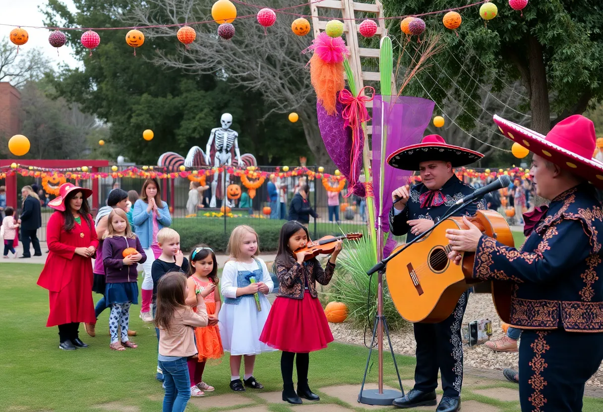 Families celebrating Halloween and Día de los Muertos in Albuquerque park
