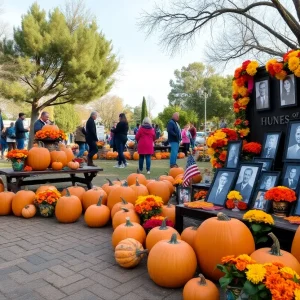 Community celebration with Halloween pumpkins and Día de los Muertos altars in Albuquerque.