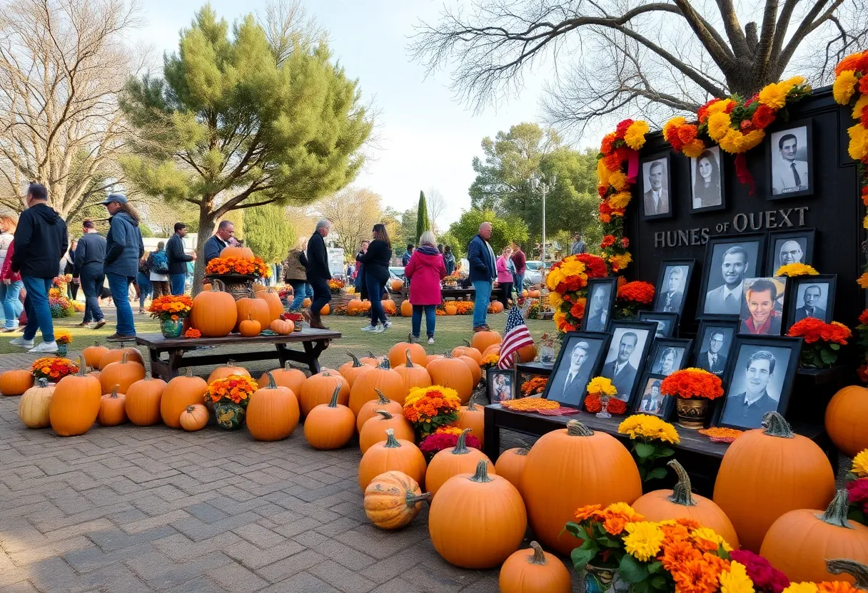 Community celebration with Halloween pumpkins and Día de los Muertos altars in Albuquerque.