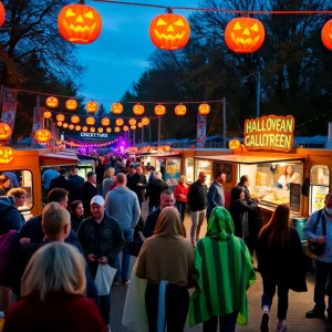 Families enjoying the Albuquerque Halloween Food Truck Fest with food trucks, decorations, and live music.