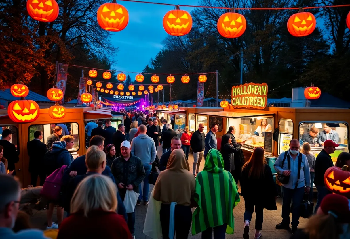 Families enjoying the Albuquerque Halloween Food Truck Fest with food trucks, decorations, and live music.