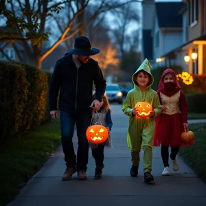 Families celebrating Halloween while following safety guidelines in Albuquerque.