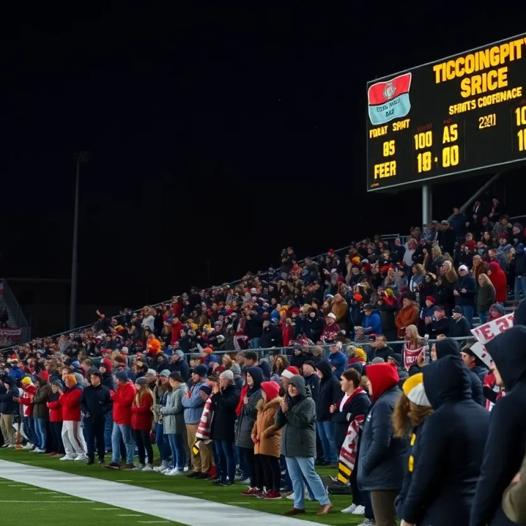 High school football players competing under bright stadium lights with fans cheering in the background.