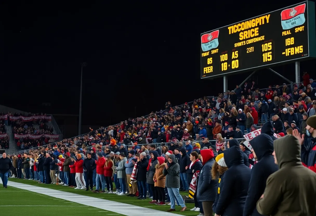 High school football players competing under bright stadium lights with fans cheering in the background.