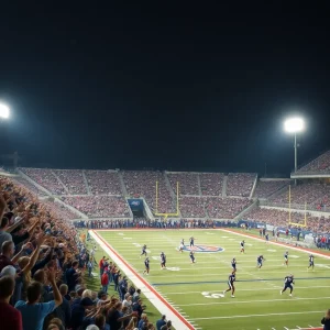 Crowd cheering in a football stadium during a high school game in Albuquerque