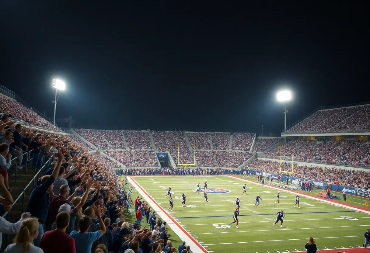 Crowd cheering in a football stadium during a high school game in Albuquerque