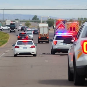 Scene from an Albuquerque hit-and-run crash with emergency services present.