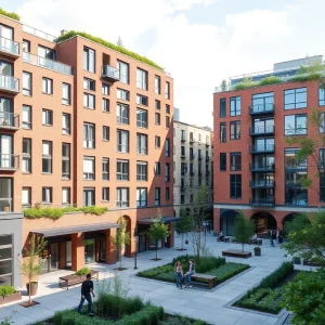 Illustration of mixed-use housing and commercial space near a university campus