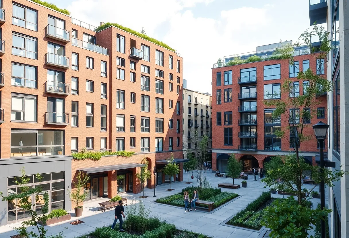 Illustration of mixed-use housing and commercial space near a university campus