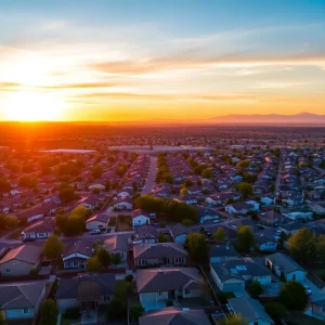 Residential neighborhood in Albuquerque highlighting varying home styles and real estate signs.