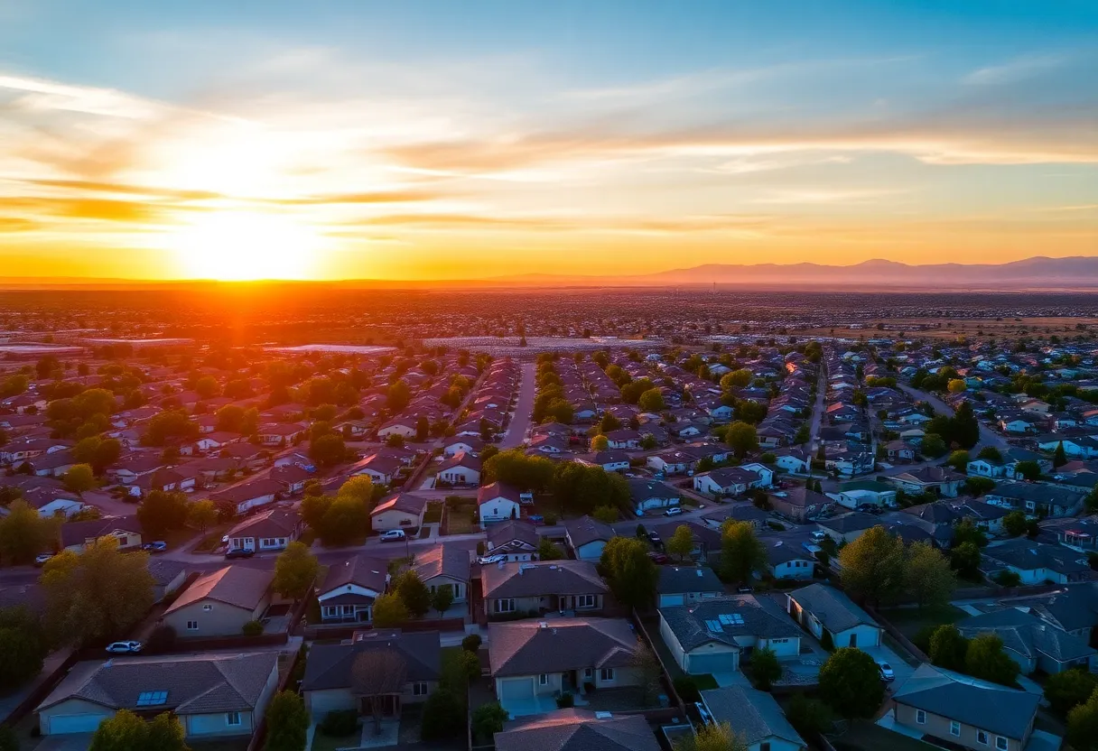Residential neighborhood in Albuquerque highlighting varying home styles and real estate signs.