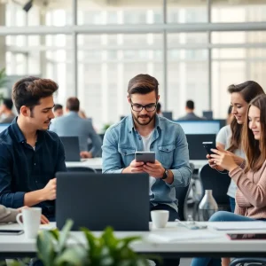 Entrepreneurs collaborating in the InnovateABQ incubator space