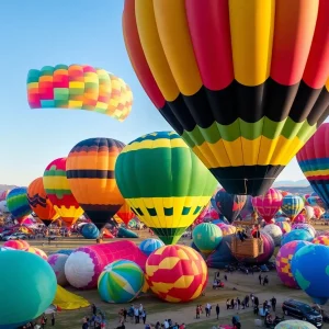 Static display of colorful hot air balloons with visitors at the Albuquerque International Balloon Fiesta