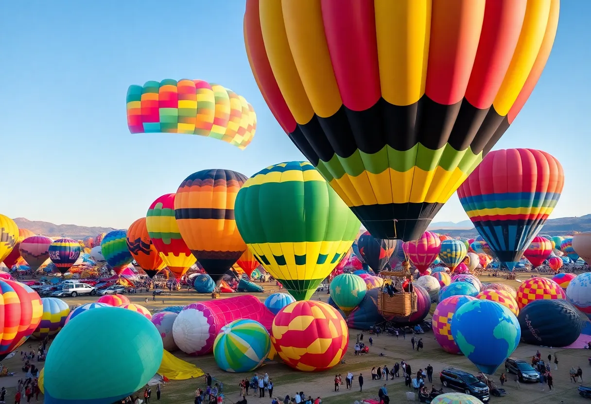 Static display of colorful hot air balloons with visitors at the Albuquerque International Balloon Fiesta
