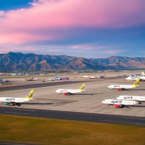 Aerial view of Albuquerque International Sunport featuring Spirit Airlines planes.