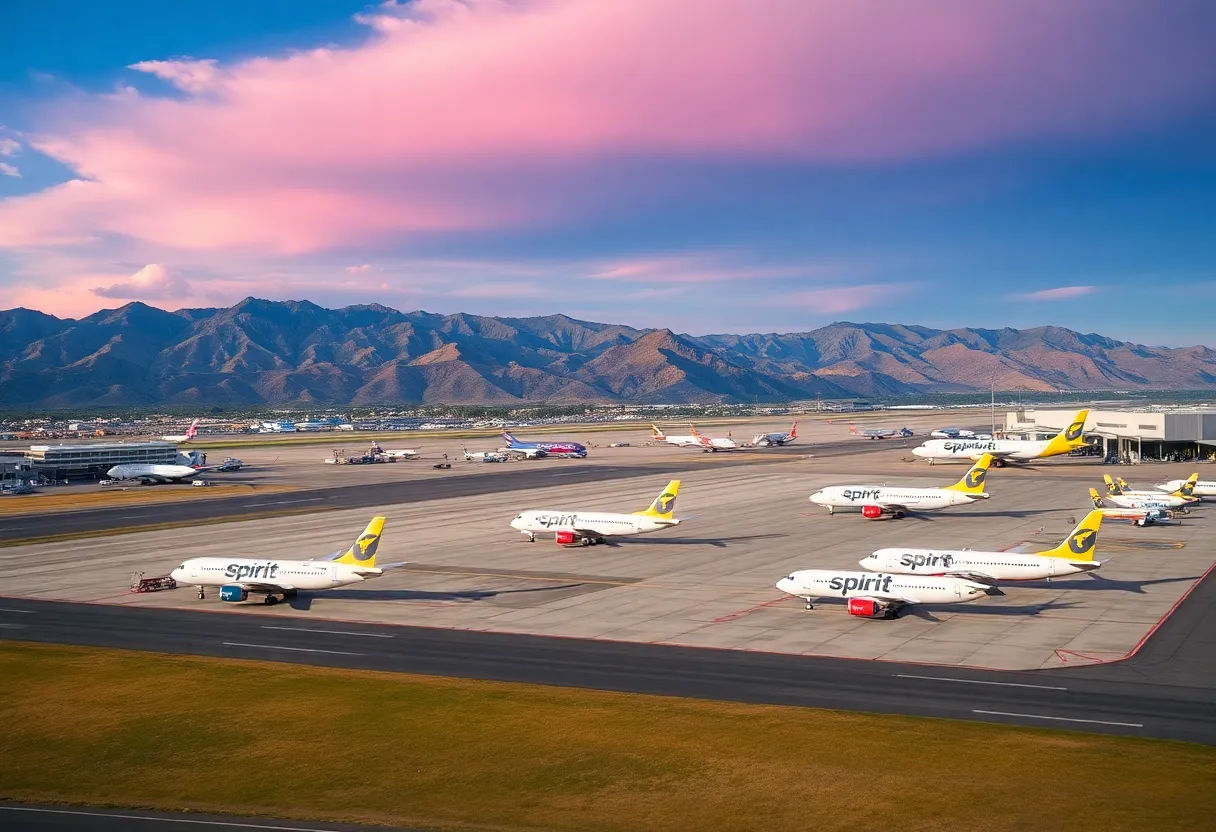 Aerial view of Albuquerque International Sunport featuring Spirit Airlines planes.