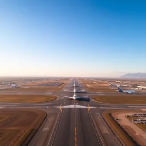 Aerial view of Albuquerque International Sunport with aircraft on the tarmac