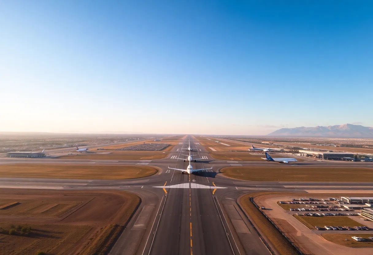 Aerial view of Albuquerque International Sunport with aircraft on the tarmac