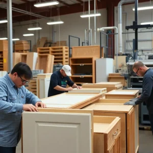 Workers assembling kitchen cabinets in Albuquerque manufacturing facility