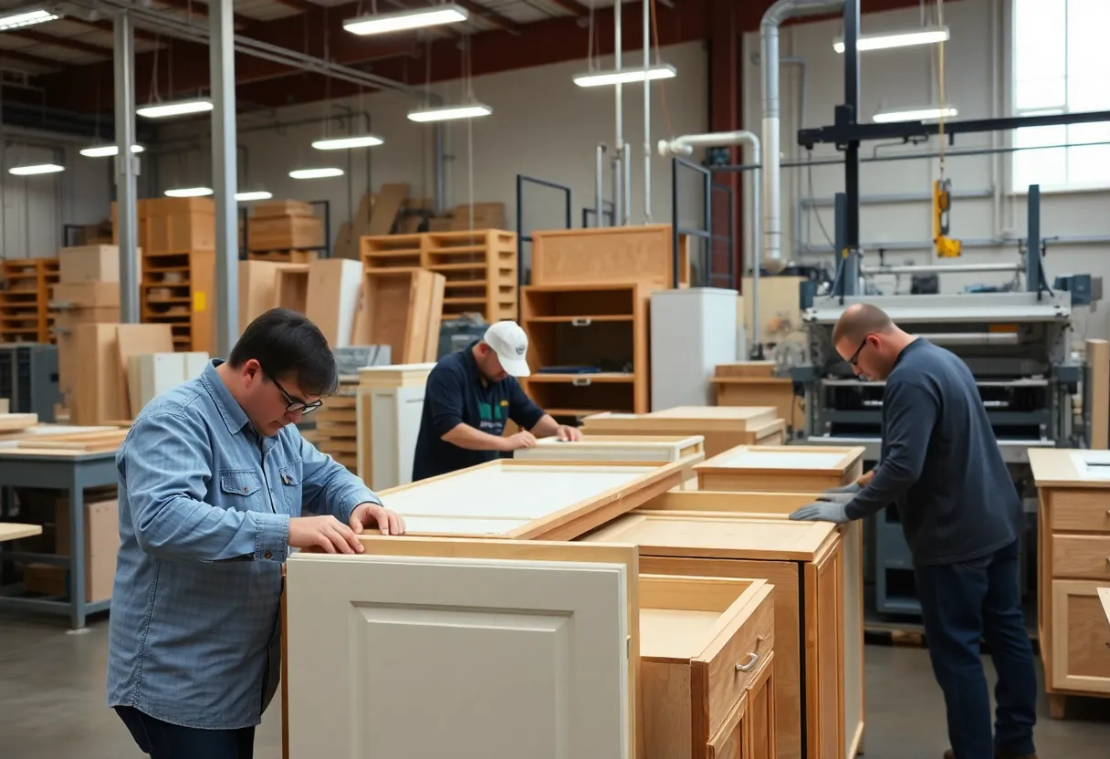 Workers assembling kitchen cabinets in Albuquerque manufacturing facility