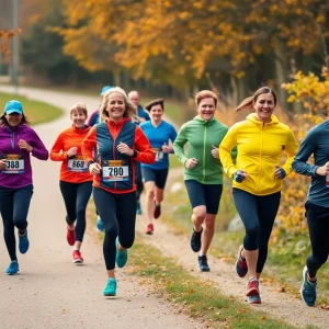 Marathon training group running on the Sandia foothills trail