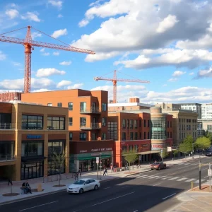 Mixed-use development in Albuquerque with construction workers and building structures.