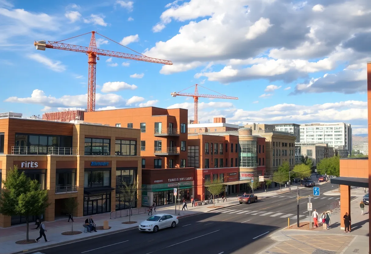 Mixed-use development in Albuquerque with construction workers and building structures.