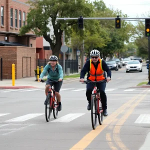 Urban landscape of Albuquerque with cyclists in the foreground