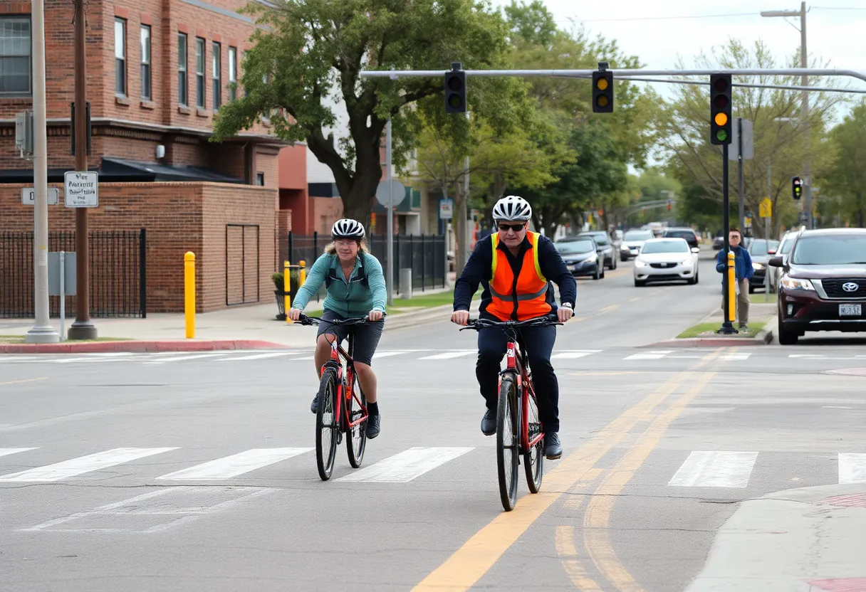 Urban landscape of Albuquerque with cyclists in the foreground