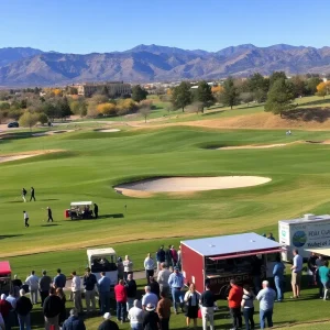 View of Albuquerque Open golf tournament with players and spectators