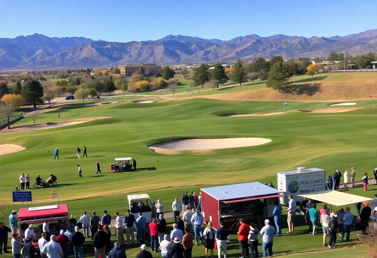 View of Albuquerque Open golf tournament with players and spectators