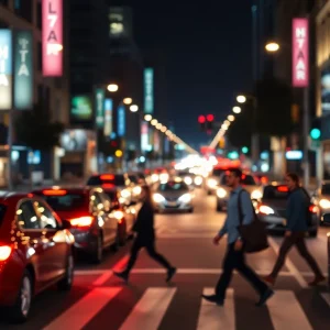City street at night showing blurred traffic and pedestrians.
