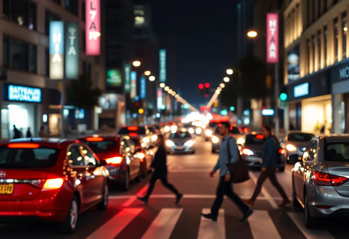 City street at night showing blurred traffic and pedestrians.