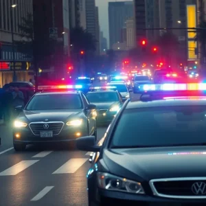 Police lights flashing during a high-speed car chase in downtown Albuquerque.