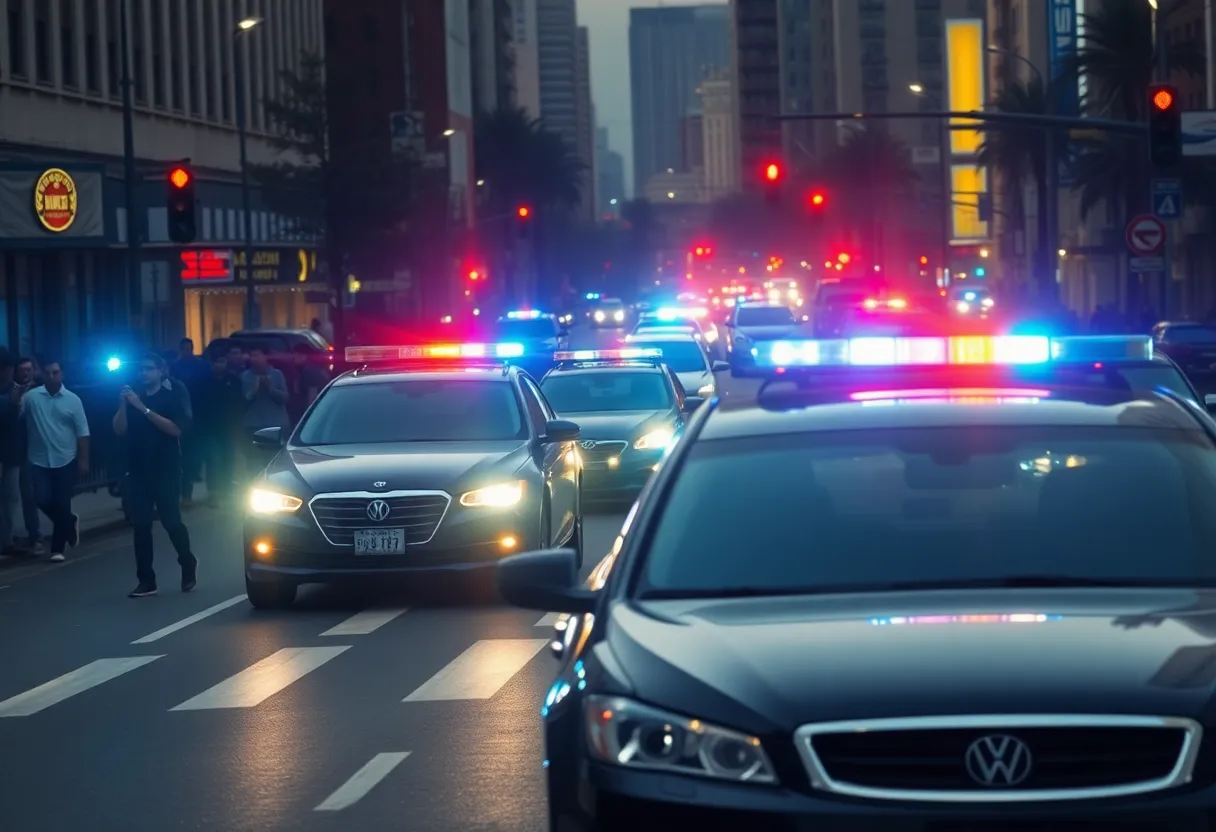 Police lights flashing during a high-speed car chase in downtown Albuquerque.