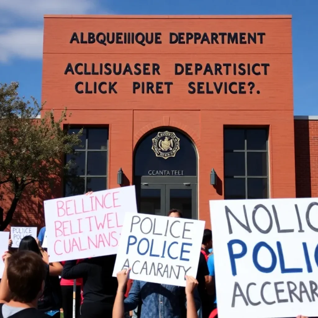 Exterior view of the Albuquerque Police Department building with community advocates in front.