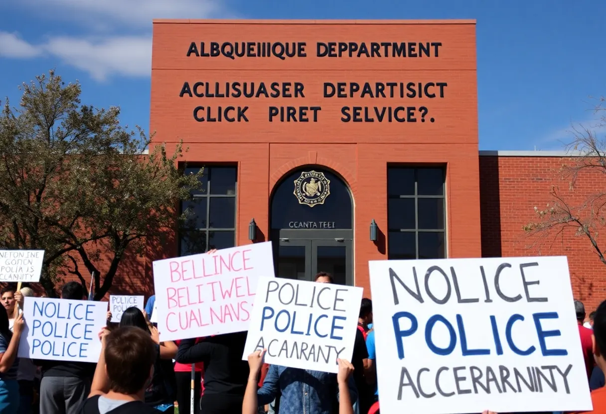 Exterior view of the Albuquerque Police Department building with community advocates in front.