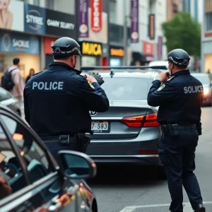 Police officers conducting a traffic stop on a busy urban street