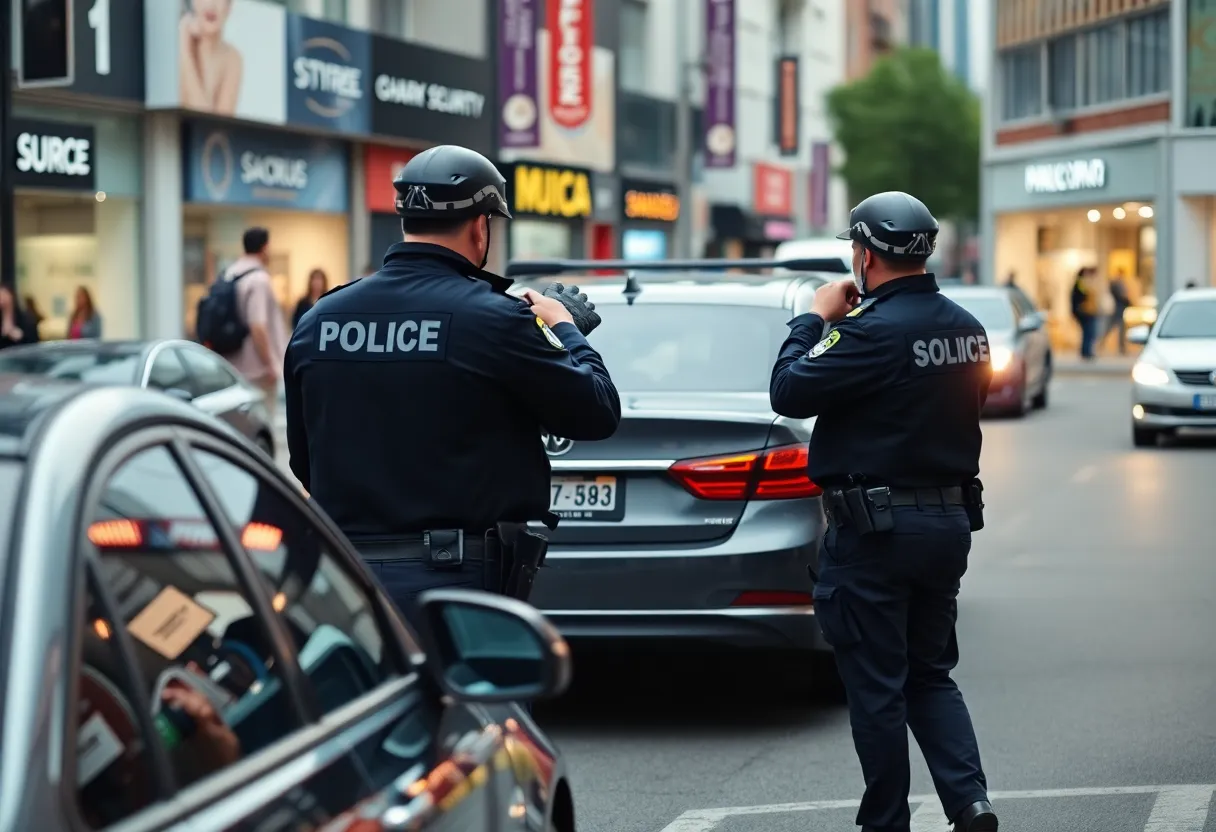 Police officers conducting a traffic stop on a busy urban street