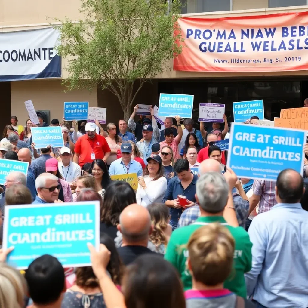 A large crowd at a political rally in Albuquerque discussing gubernatorial candidates.