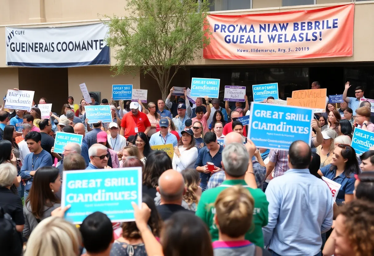 A large crowd at a political rally in Albuquerque discussing gubernatorial candidates.
