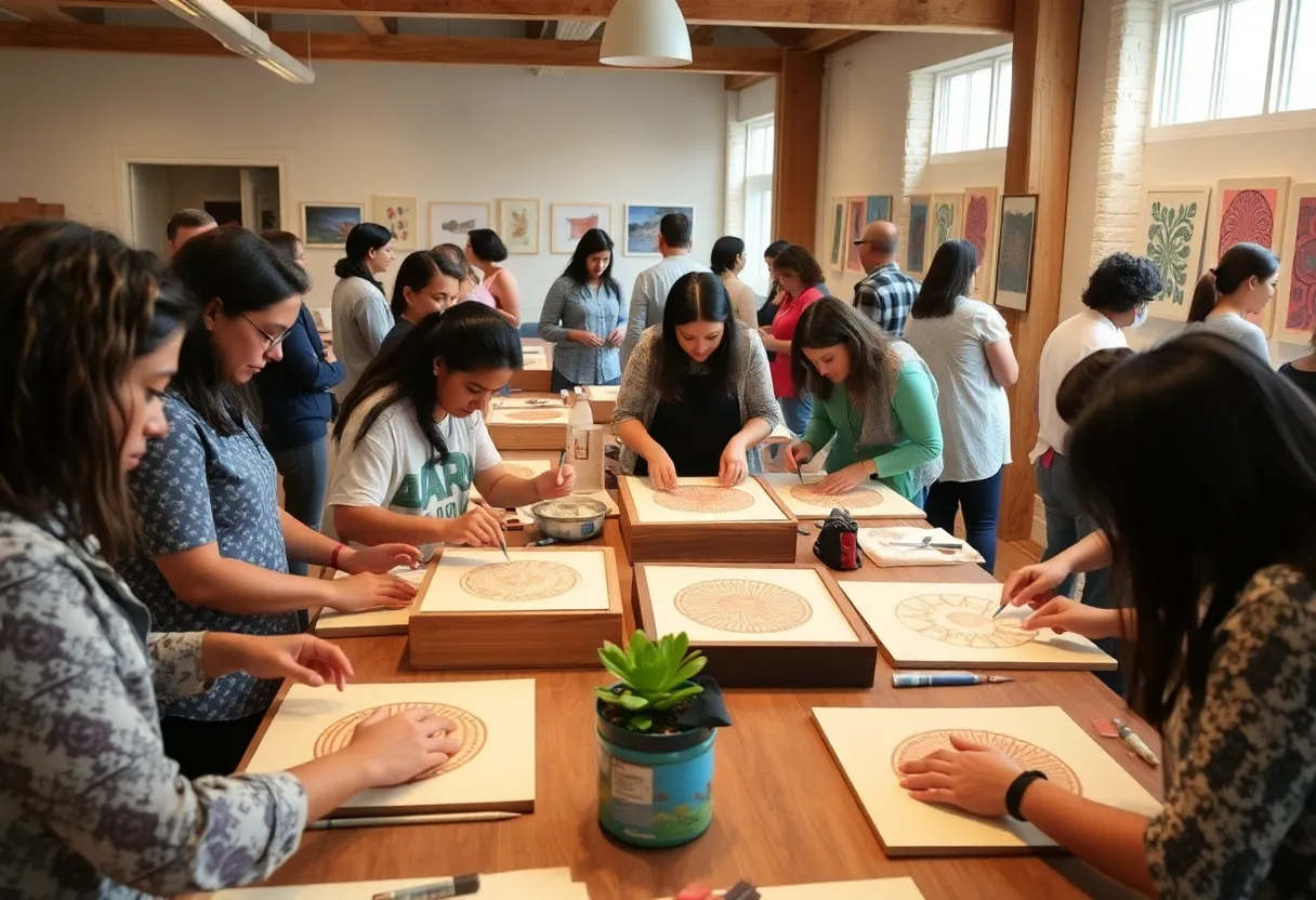 Participants engaged in a printing workshop creating linocut stamps.